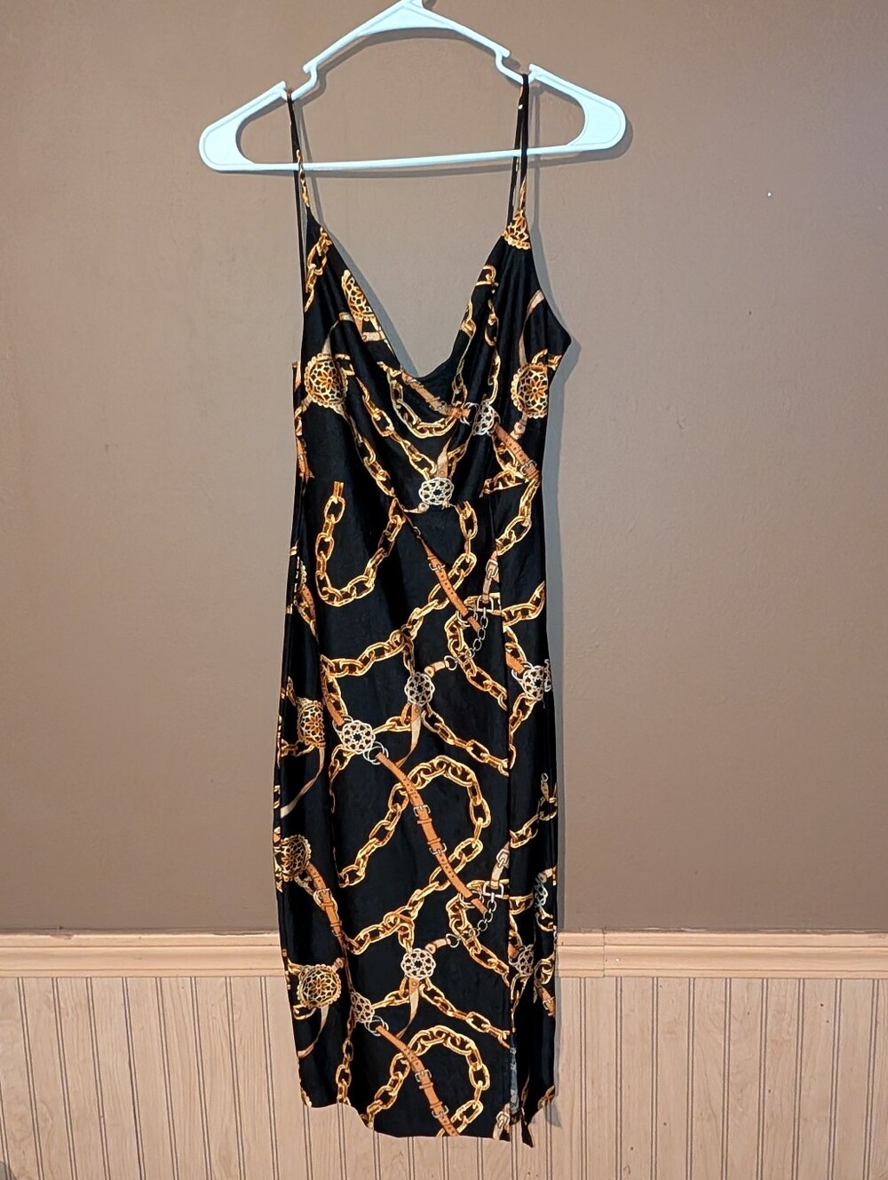 Guess Black Slip Midi Dress with Gold Chain Print